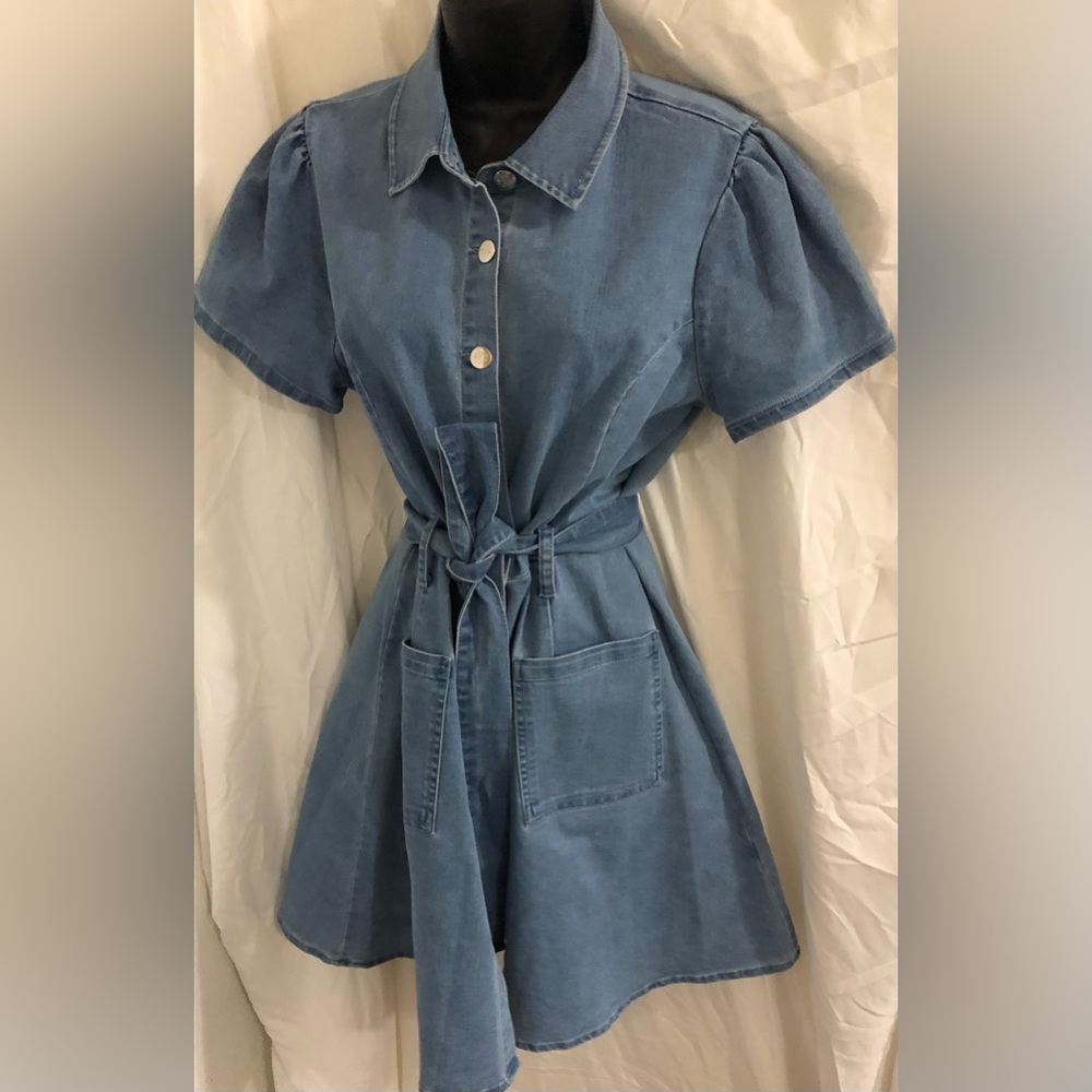 Nanette lepore tiered babydoll style blue jeans‎ belted denim dress size 10